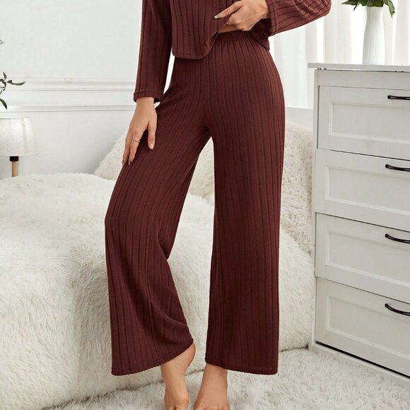 Coffee Brown Casual-Woman Women's Long Sleeve Ribbed lounge Set - Picture 6 of 6
